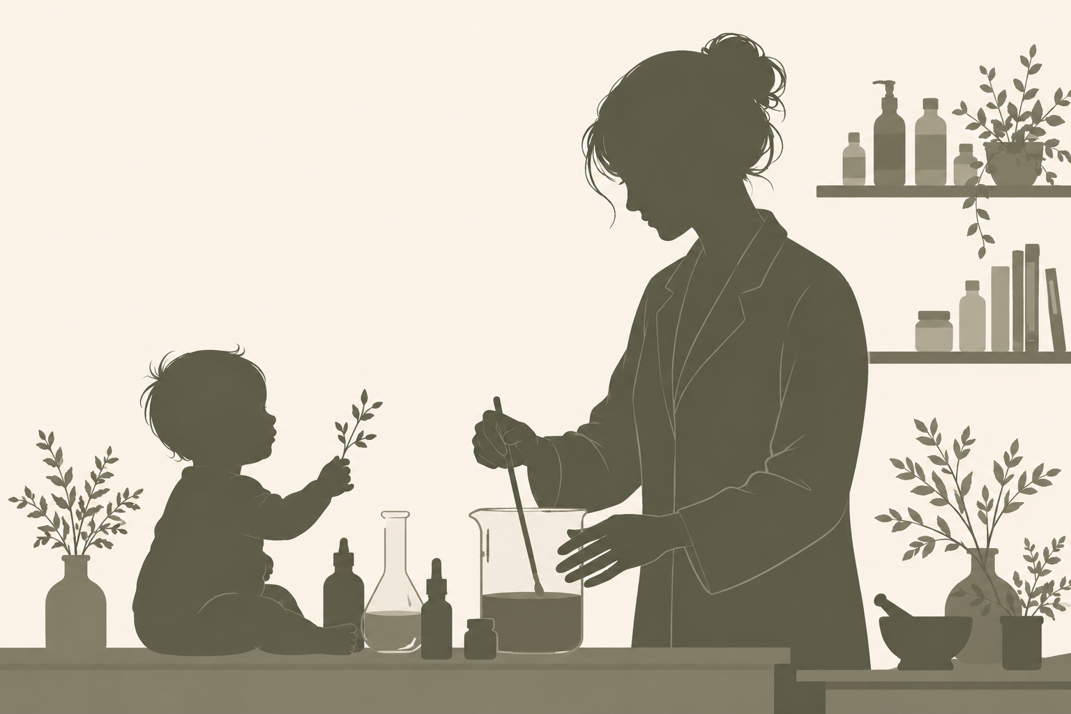 A chemist mother working at her bench with her child by her side